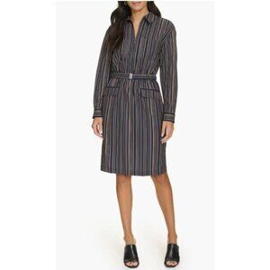 Calvin Klein Womens Black Tan Stripe Zip Up Collar Long Sleeve Sheath Dress Sz 4